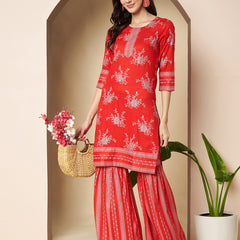 Poshak Hub Women Red Rayon A Line Kurta and Sharara