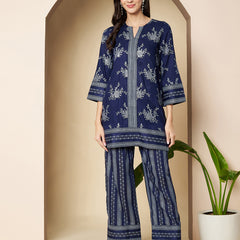Poshak Hub Women Blue Rayon Silver Print Co-Ord Set