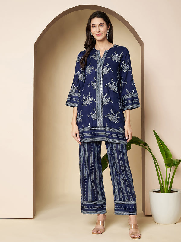 Poshak Hub Women Blue Rayon Silver Print Co-Ord Set
