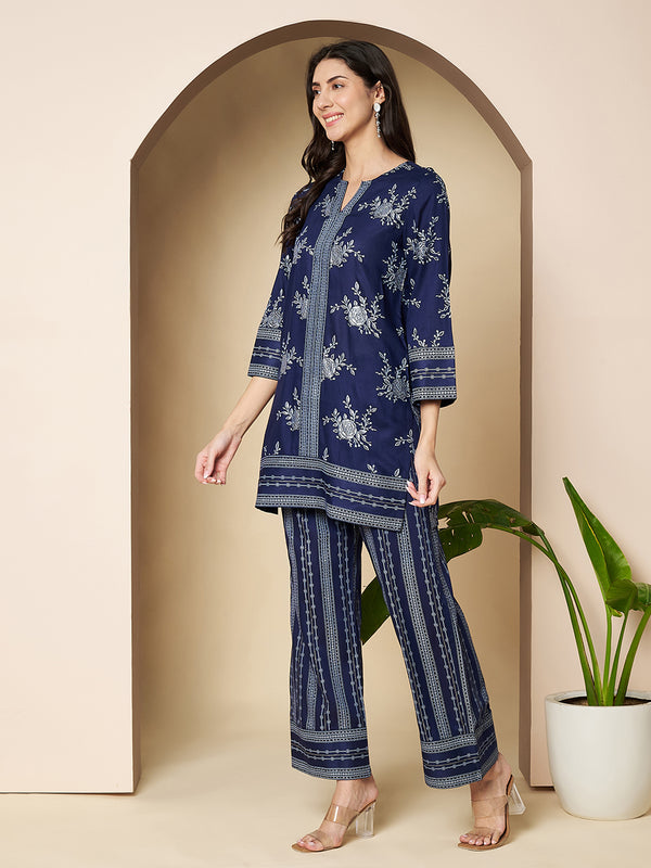 Poshak Hub Women Blue Rayon Silver Print Co-Ord Set