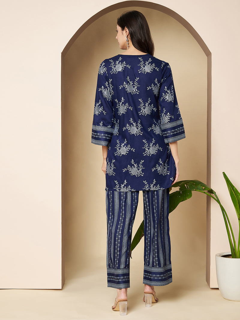 Poshak Hub Women Blue Rayon Silver Print Co-Ord Set