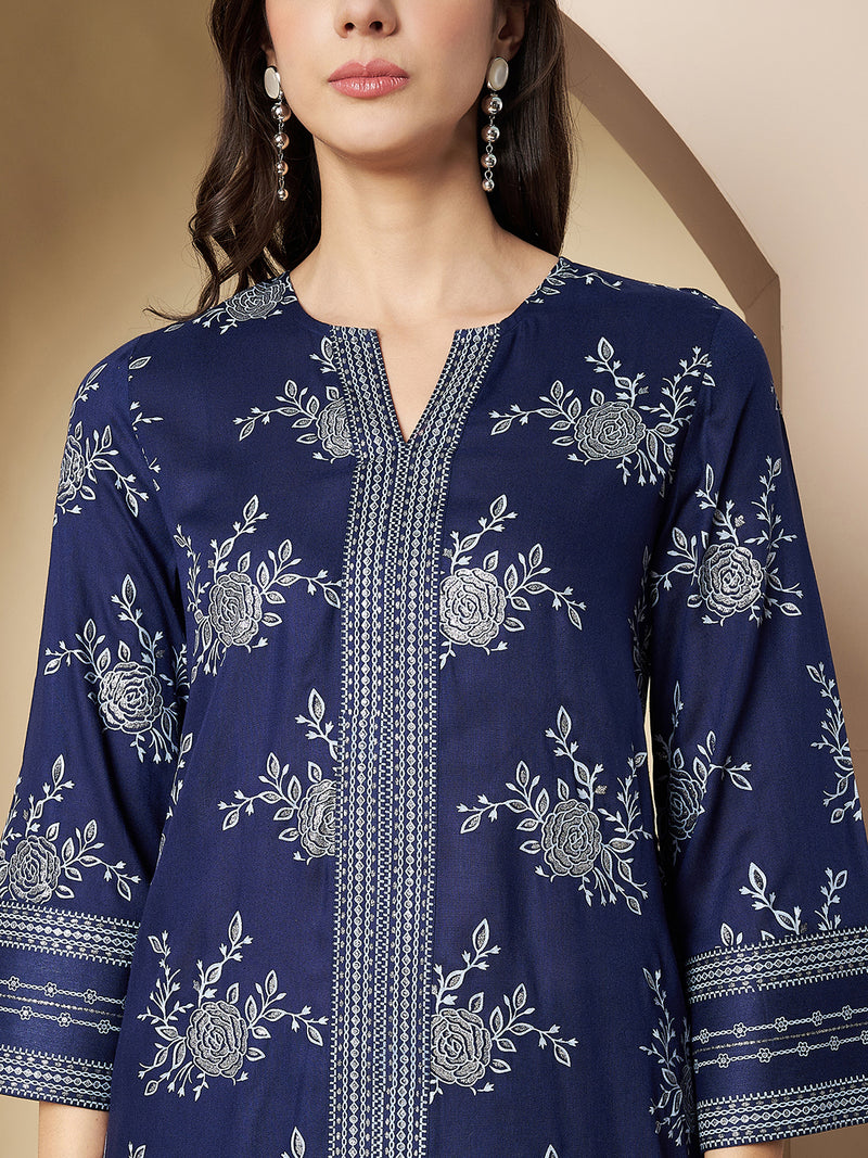 Poshak Hub Women Blue Rayon Silver Print Co-Ord Set