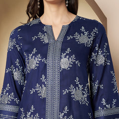 Poshak Hub Women Blue Rayon Silver Print Co-Ord Set