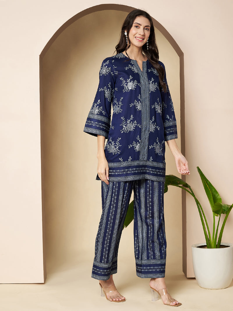 Poshak Hub Women Blue Rayon Silver Print Co-Ord Set