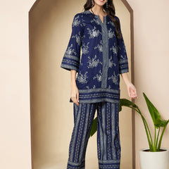 Poshak Hub Women Blue Rayon Silver Print Co-Ord Set