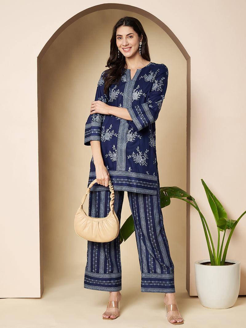 Poshak Hub Women Blue Rayon Silver Print Co-Ord Set