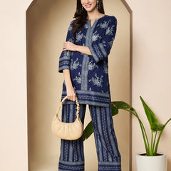Poshak Hub Women Blue Rayon Silver Print Co-Ord Set