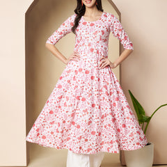 Poshak Hub Women White & Pink Cotton Anarkali Kurta