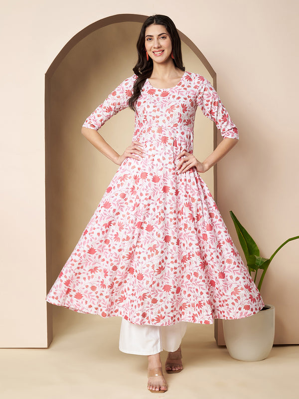 Poshak Hub Women White & Pink Cotton Anarkali Kurta