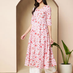 Poshak Hub Women White & Pink Cotton Anarkali Kurta
