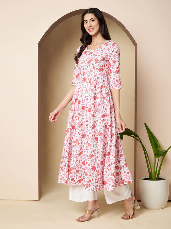Poshak Hub Women White & Pink Cotton Anarkali Kurta