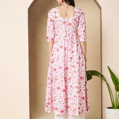 Poshak Hub Women White & Pink Cotton Anarkali Kurta