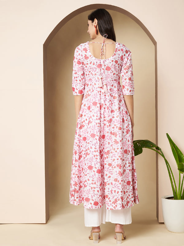 Poshak Hub Women White & Pink Cotton Anarkali Kurta