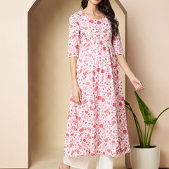 Poshak Hub Women White & Pink Cotton Anarkali Kurta