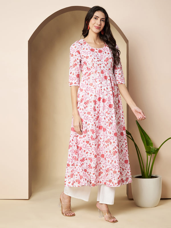 Poshak Hub Women White & Pink Cotton Anarkali Kurta