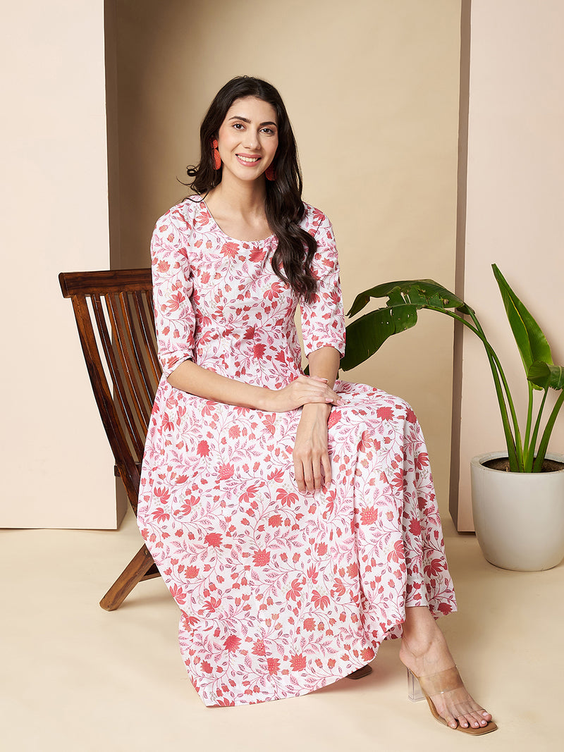Poshak Hub Women White & Pink Cotton Anarkali Kurta