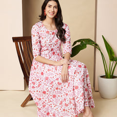 Poshak Hub Women White & Pink Cotton Anarkali Kurta