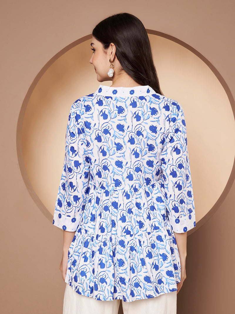 Poshak Hub White and Blue Floral Print V Neck Top