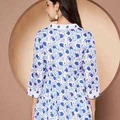 Poshak Hub White and Blue Floral Print V Neck Top