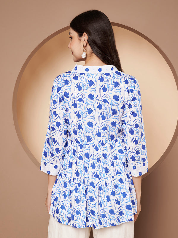 Poshak Hub White and Blue Floral Print V Neck Top