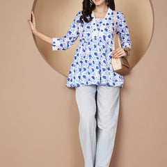 Poshak Hub White and Blue Floral Print V Neck Top