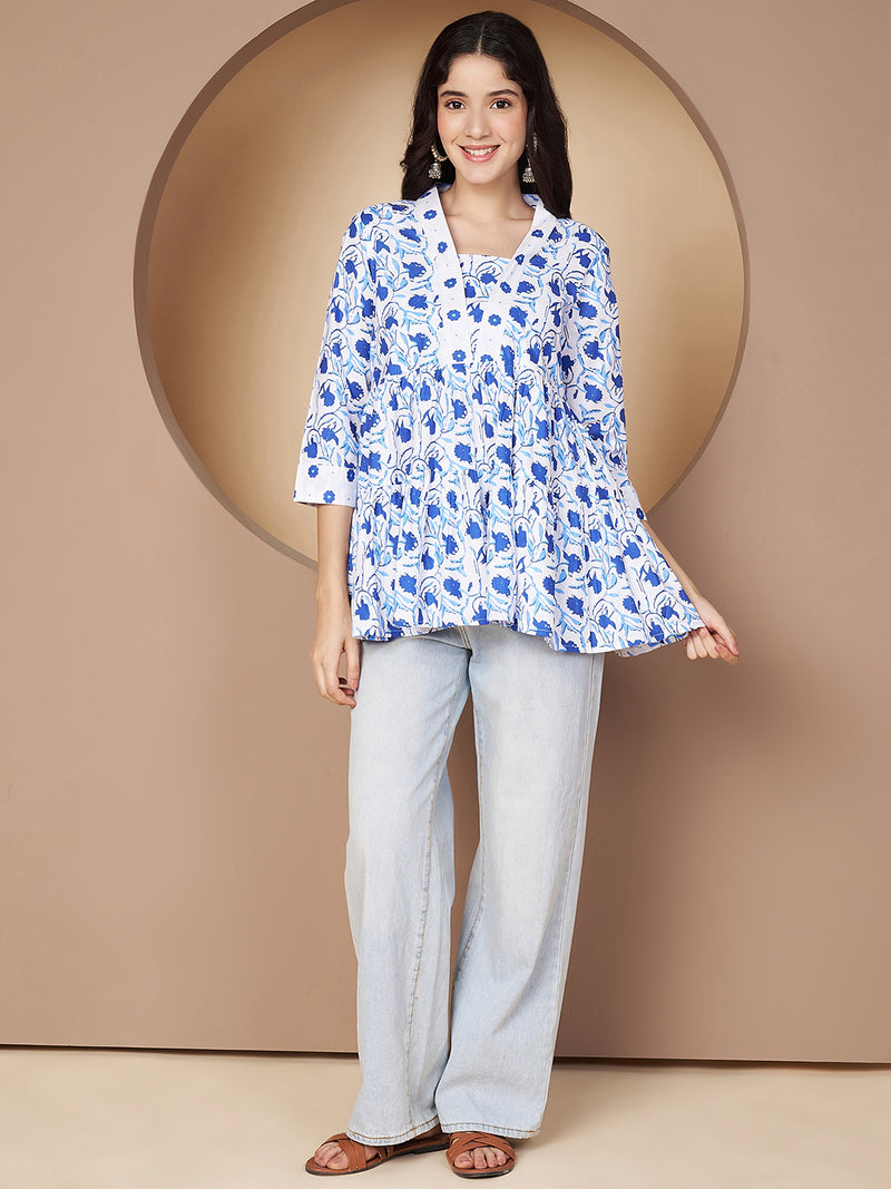 Poshak Hub White and Blue Floral Print V Neck Top