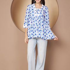 Poshak Hub White and Blue Floral Print V Neck Top