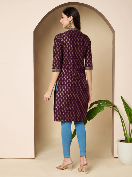 Poshak Hub Women Cotton Purple Gold Print Staright Kurta