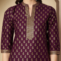 Poshak Hub Women Cotton Purple Gold Print Staright Kurta