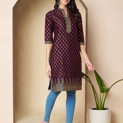 Poshak Hub Women Cotton Purple Gold Print Staright Kurta