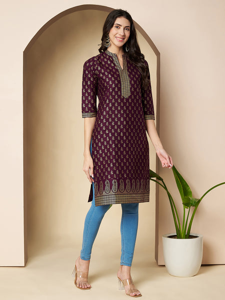 Poshak Hub Women Cotton Purple Gold Print Staright Kurta