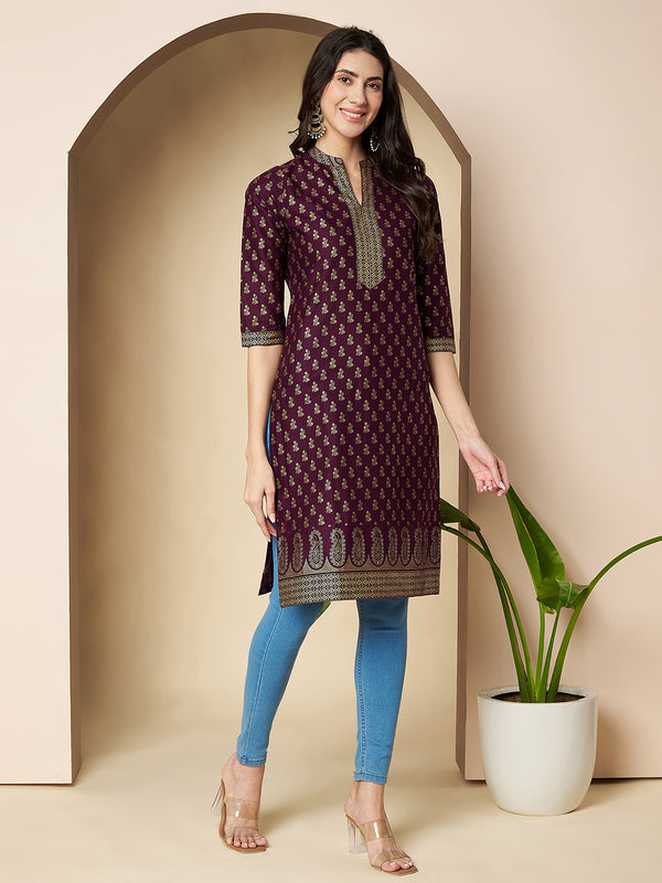 Poshak Hub Women Cotton Purple Gold Print Staright Kurta