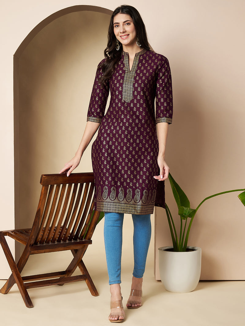 Poshak Hub Women Cotton Purple Gold Print Staright Kurta