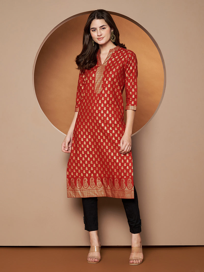 Poshak Hub Women Cotton Red Gold Print Staright Kurta
