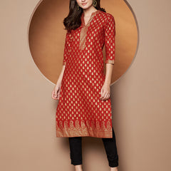 Poshak Hub Women Cotton Red Gold Print Staright Kurta