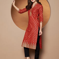 Poshak Hub Women Cotton Red Gold Print Staright Kurta
