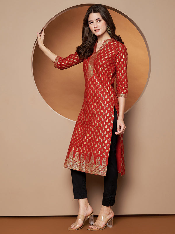 Poshak Hub Women Cotton Red Gold Print Staright Kurta