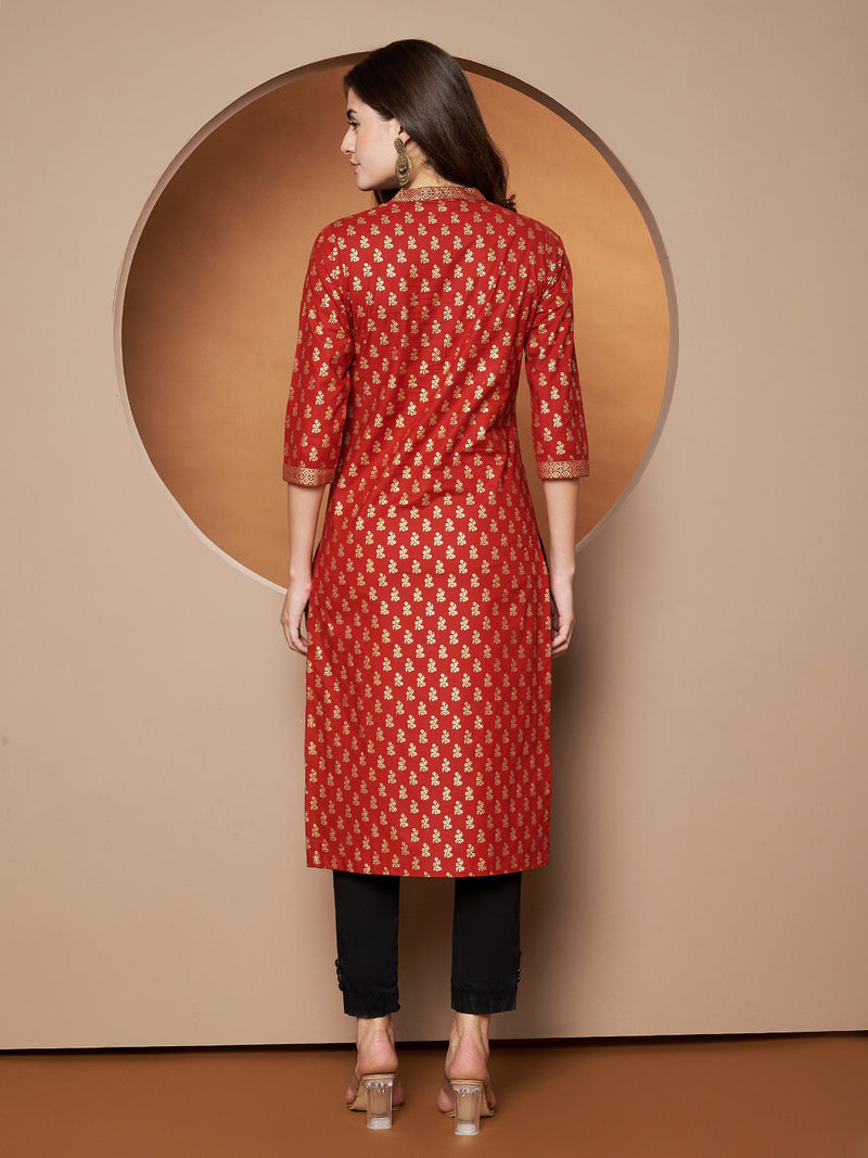 Poshak Hub Women Cotton Red Gold Print Staright Kurta