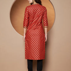 Poshak Hub Women Cotton Red Gold Print Staright Kurta