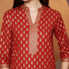Poshak Hub Women Cotton Red Gold Print Staright Kurta