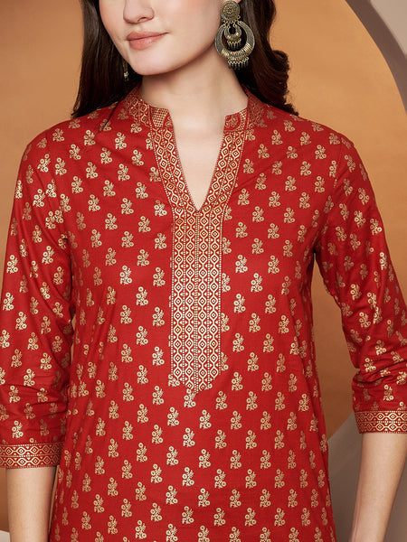 Poshak Hub Women Cotton Red Gold Print Staright Kurta