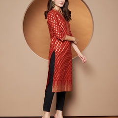 Poshak Hub Women Cotton Red Gold Print Staright Kurta