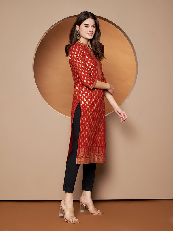 Poshak Hub Women Cotton Red Gold Print Staright Kurta