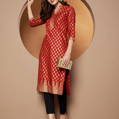 Poshak Hub Women Cotton Red Gold Print Staright Kurta