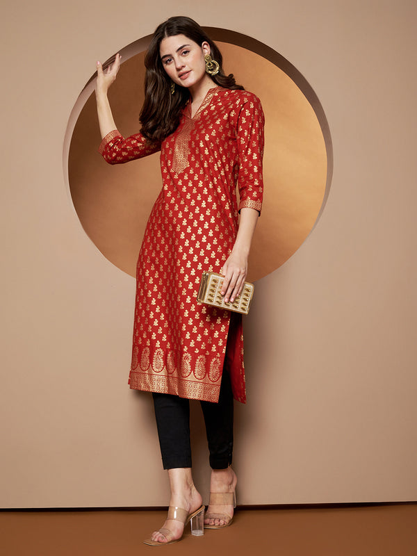 Poshak Hub Women Cotton Red Gold Print Staright Kurta