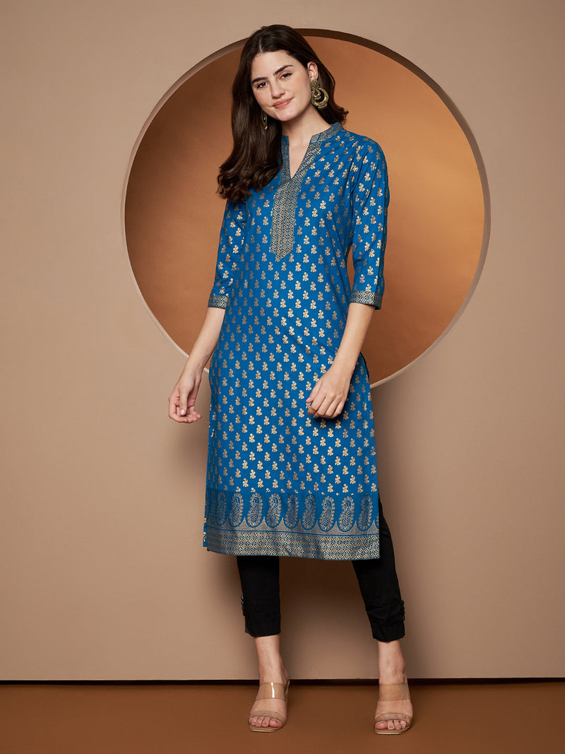 Poshak Hub Women Cotton Turquoise Gold Print Staright Kurta