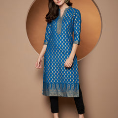 Poshak Hub Women Cotton Turquoise Gold Print Staright Kurta