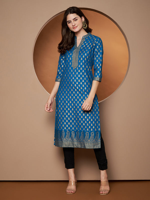 Poshak Hub Women Cotton Turquoise Gold Print Staright Kurta
