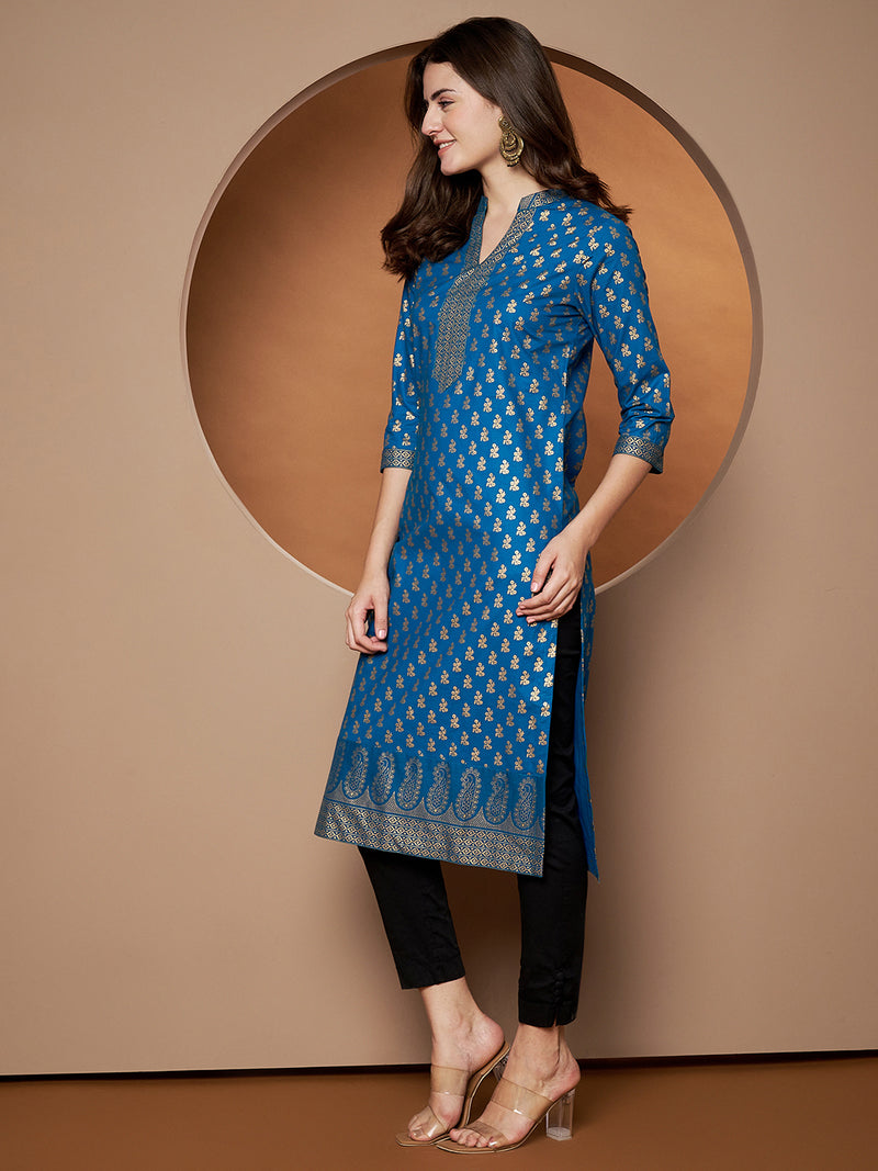 Poshak Hub Women Cotton Turquoise Gold Print Staright Kurta