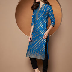 Poshak Hub Women Cotton Turquoise Gold Print Staright Kurta